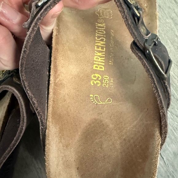 Birkenstock Gizeh Brown Leather Thong Sandals Brass/Gold Accents - Rare Find! - Picture 7 of 16